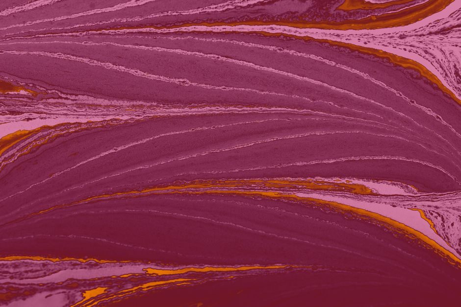 地血 — A stunning abstract artwork featuring vibrant marbled patterns in pink and orange hues.