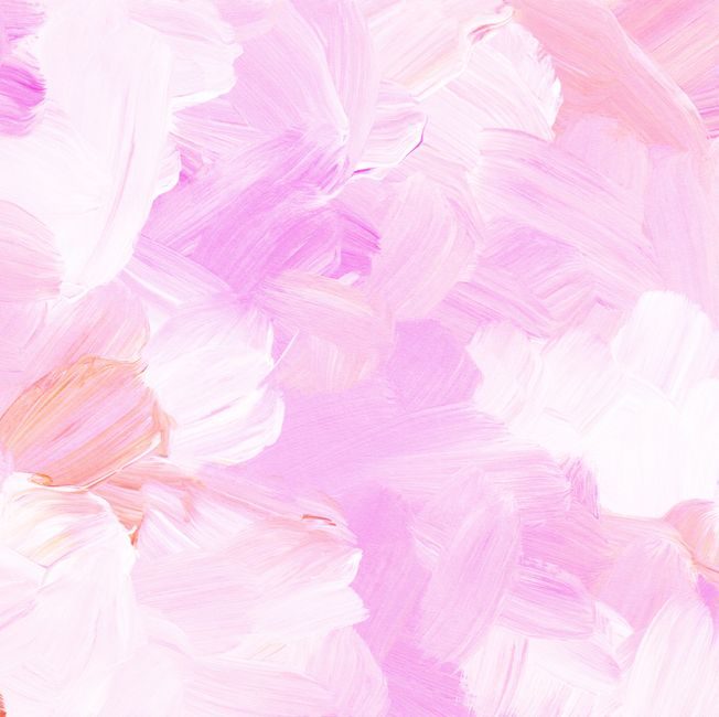 盈盈 — A vivid abstract painting with pink and white acrylic brush strokes creating a soft, textured pattern.