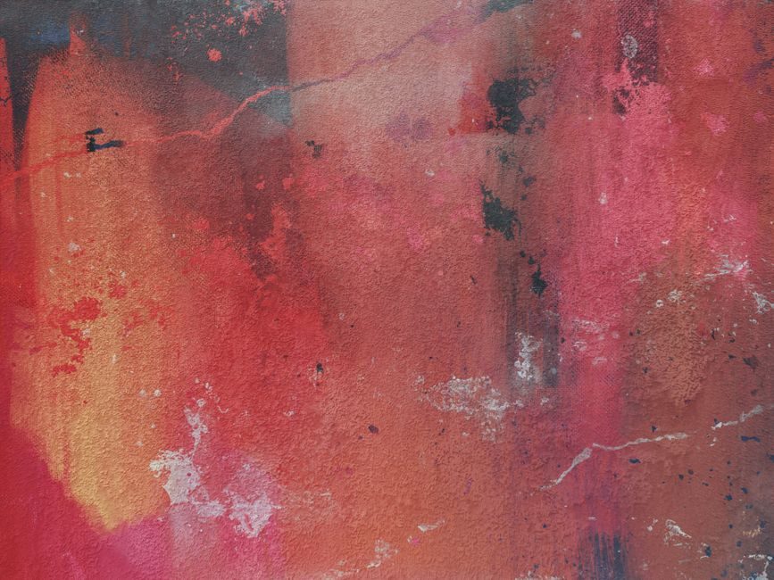 紫矿 — Colorful abstract painting with vivid red and orange tones on textured canvas.